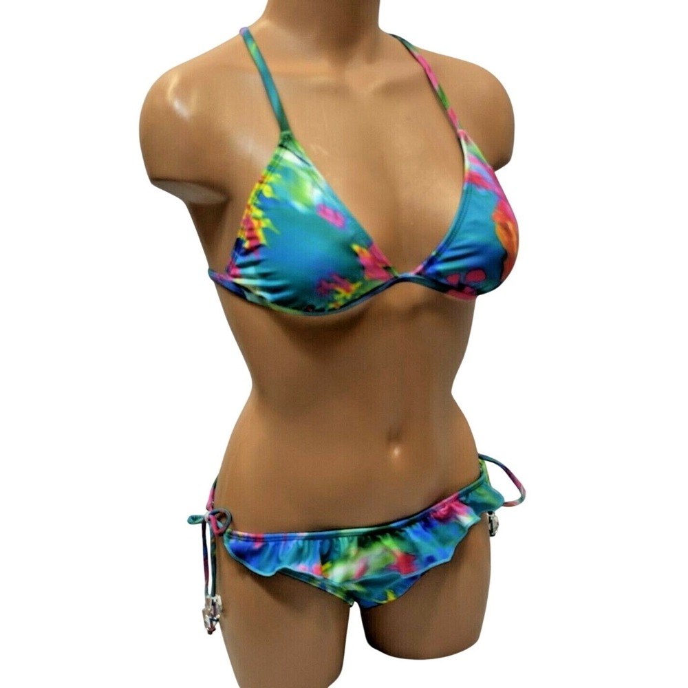 Guess Womens Multicolor Tropical Floral Ruffle Triangle Bikini Set Blue New - Picture 2 of 11